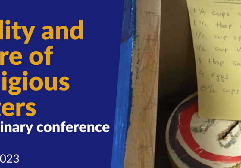 Event banner for 7 & September 2023 - Materiality conference - featuring sticky note with handwritten bread recipe, glittery money box, and silver candle holder/