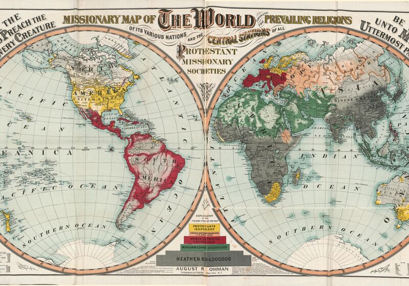 A world map from the early 20th century "showing prevailing religions" and indicating South Asia as predominantly "heathen" 
