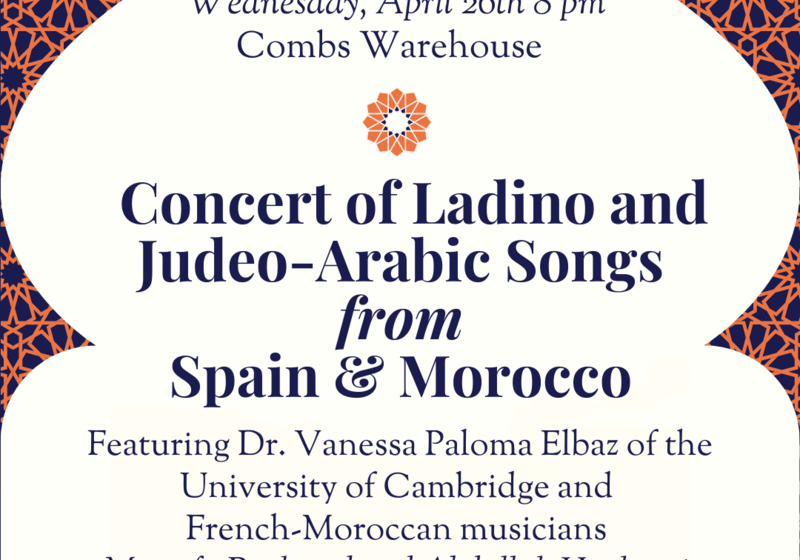 Promotional image featuring a Mozarabe arch border with geometric design. Key text announces an 8pm concert on Wednesday 26 April, in Danville, KY. 
