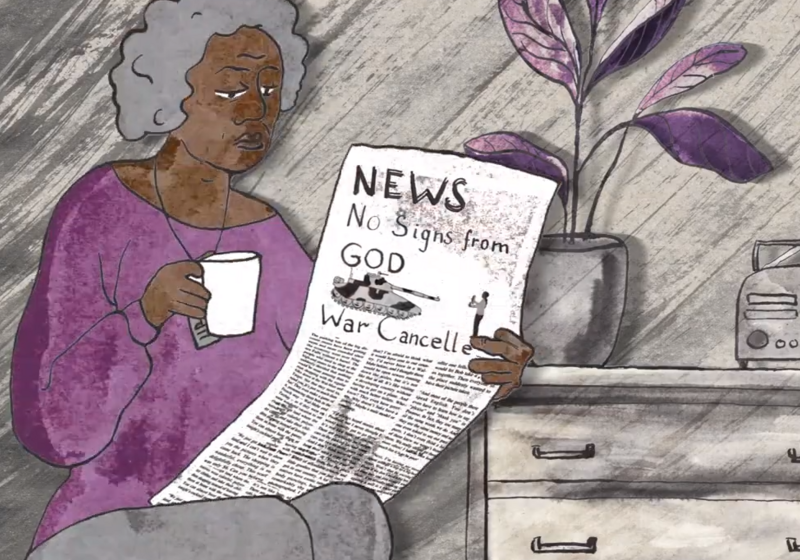 Illustration of woman holding a newspaper with headline 'war cancelled'