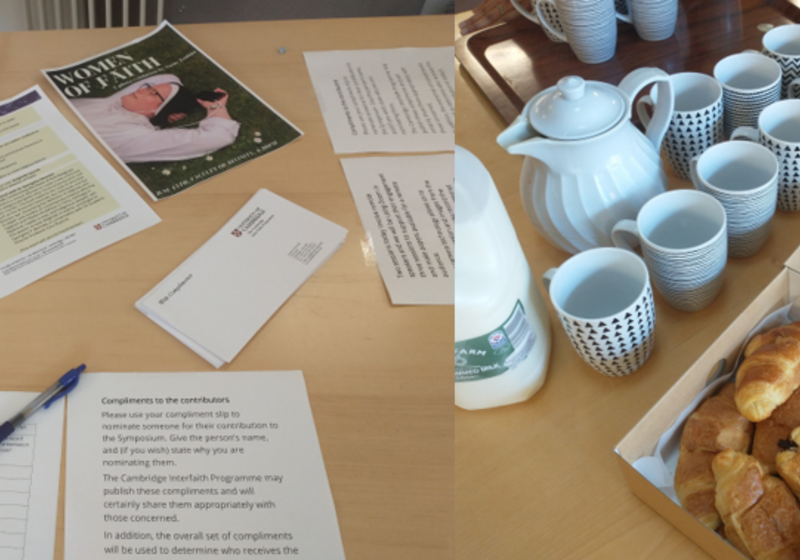 Photos from the start of the day - Registration table with sign-in sheet and programme, plus coffee and pastries awaiting attendees.