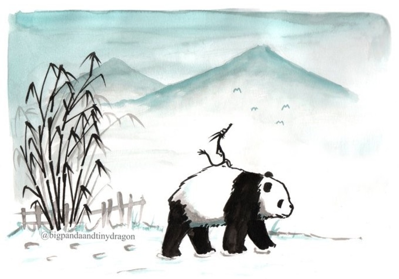 A tiny dragon sits on the back of a panda. Behind them are bamboo plants, a flock of birds, and in the distance mountains. This image includes an Instagram watermark: @bigpandaandtinydragon