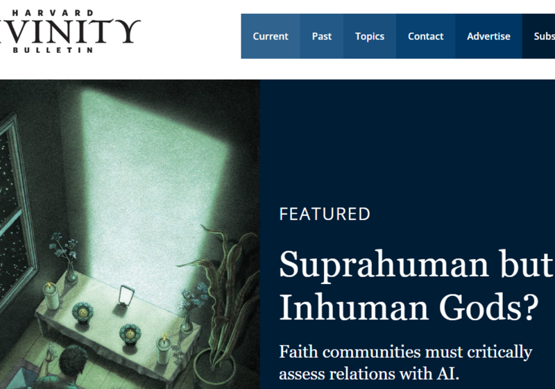 Screenshot of featured article on Suprahuman AI from Harvard Divinity Bulletin