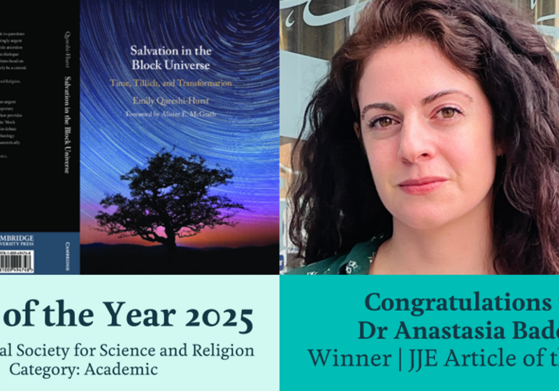 Congratulatory notices featuring cover of Salvation in the Block Universe and photograph of Dr Badder