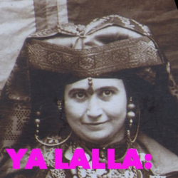 A finely dressed woman, behind her the wall of a tent