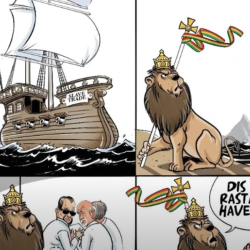 Cartoon panel with text: Slavery - colonisation - medical experimentation - 'dis time Rasta mus have a say'
