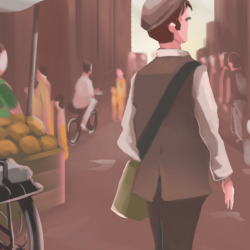 A young man, wearing a hat, a satchel slung over his shoulder, walks down a busy street 