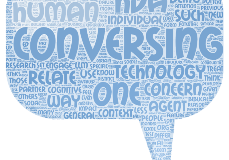 Speech bubble containing key words from the articles — prominent terms include interact, HDA, conversing, and one