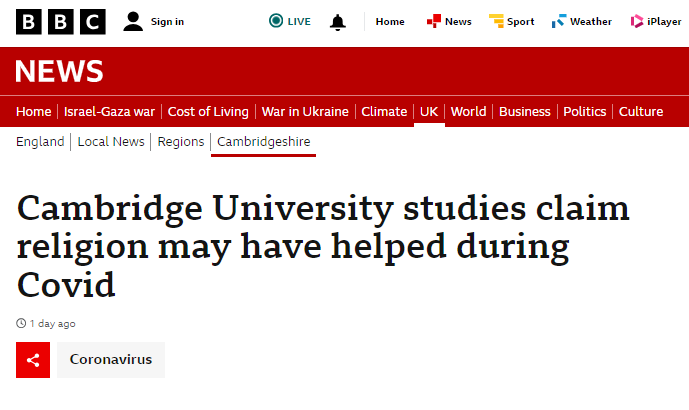 BBC News screenshot — January 2024 Screenshot of BBC News website with headline "Cambridge University studies claim religion may have helped during Covid"