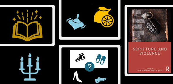 Banner combining images from events: a book on Scripture and Violence, a lemon, a spinning top, shoes, a menorah