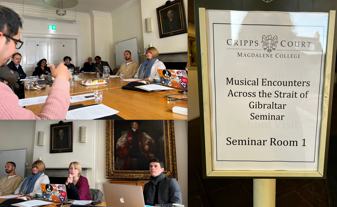 Composite photography by Dr Paloma Elbaz - workshop participants at Magdalene Composite photograph showing workshop participants seated around a central table, imposing painted portraits behind them - and inset of a notice on the venue door with event title