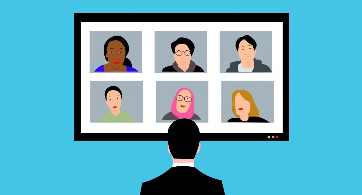 Conference call – detail from image by Mohamed Hassan (2020) via pxhere Suited person viewing six participants in a conference call