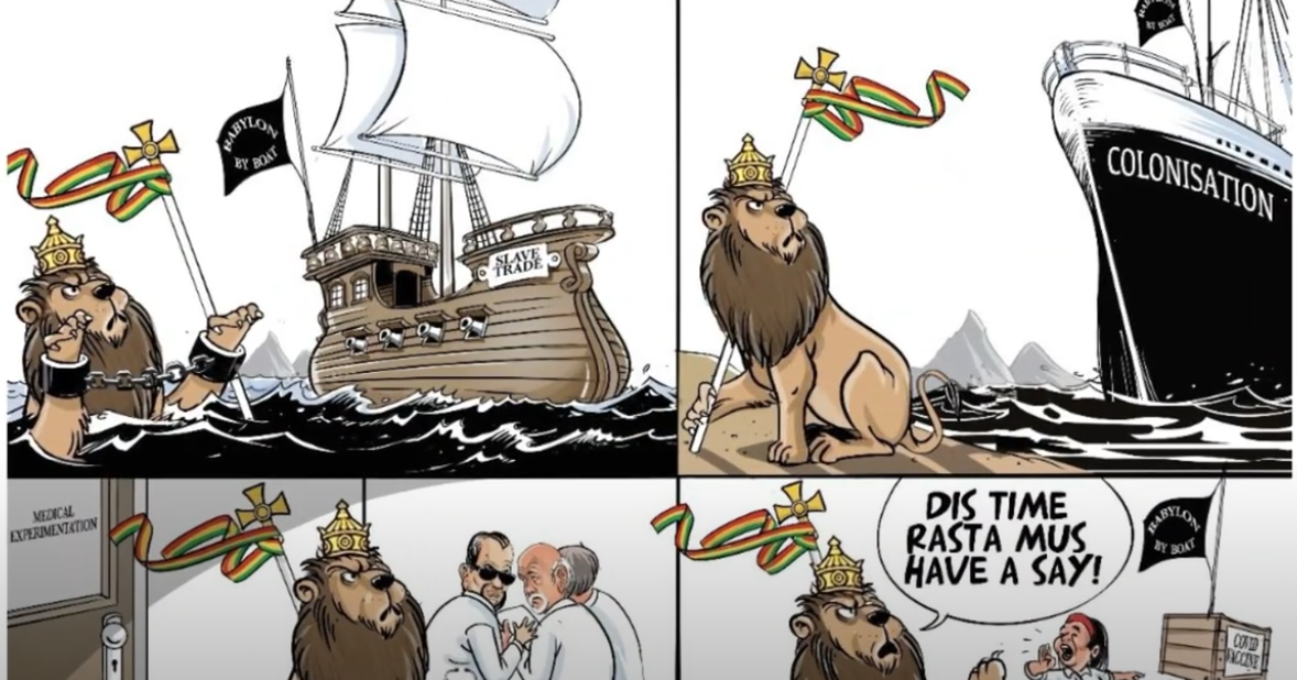Detail from Victor Ndula & Joseph Powell collaboration – in the Art for a Better World exhibit (2024) Cartoon panel with text: Slavery - colonisation - medical experimentation - 'dis time Rasta mus have a say'
