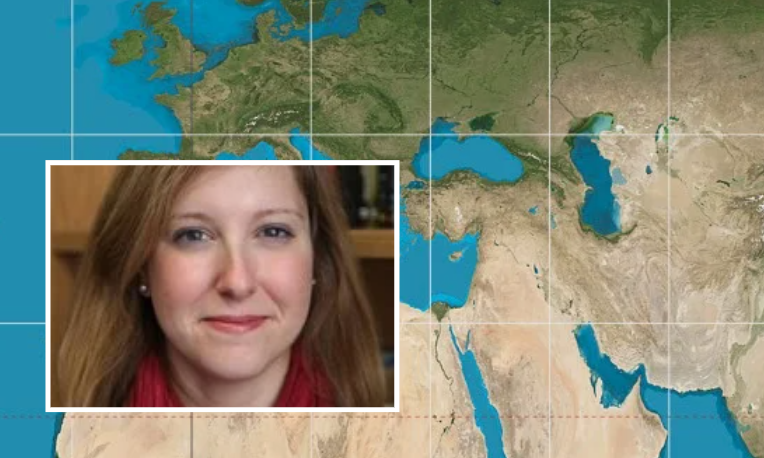 Composite featuring the speaker and a Peters Projection of Mediterranean and West Asia – CIP 2025 Inset of speaker overlaid on detail map of West Asia and Mediterranean