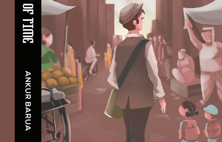 Detail from the cover of The Harvest of Time (Barua, 2023) A young man, wearing a hat, a satchel slung over his shoulder, walks down a busy street