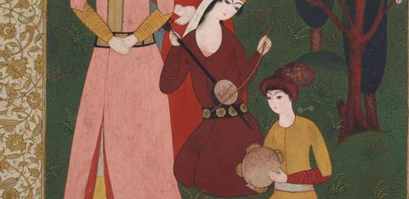 'Musical Gathering' - Ottoman-era watercolour, courtesy of the Aga Khan Museum, accession number AKM218 - copyright (CC BY NC 2.5) Three women stand next to the musicians, dressed in peach- and crimson-coloured robes. A fourth kneels to play the ektar, a one-stringed lute. A young boy sits to the left of the lute player and taps his tambourine to the music.
