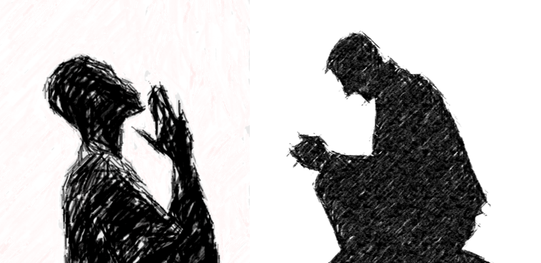 Figures in prayer — composite, CIP 2025 Two male figures silohuetted in prayer, facing each other