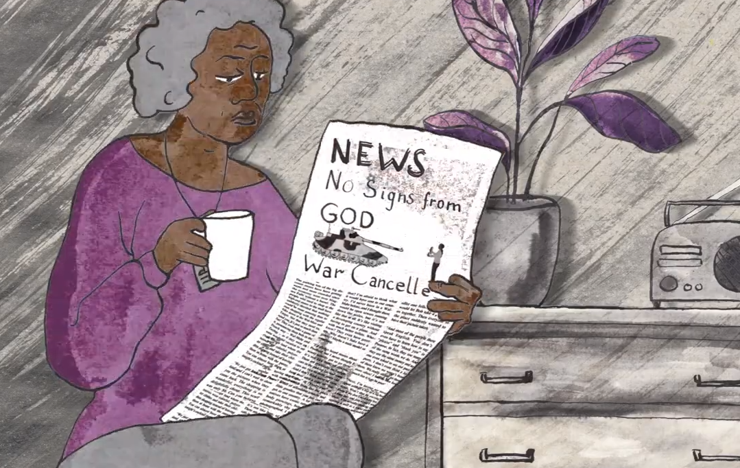 Illustration of woman holding a newspaper with headline 'war cancelled'