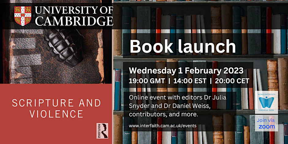 Book launch for Scripture and Violence - CIP 2023 Featuring detail of book cover with hand grenade and well-thumbed book.