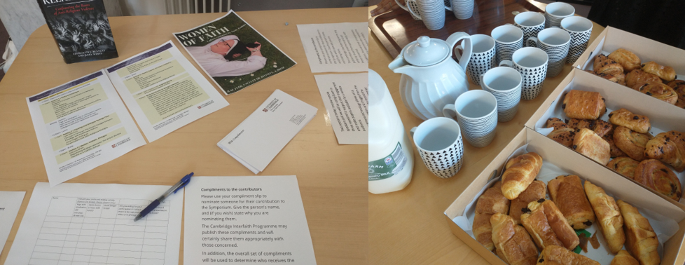Welcome and registration - photographs from the opening of the 2023 student symposium, CIP. Photos from the start of the day - Registration table with sign-in sheet and programme, plus coffee and pastries awaiting attendees.
