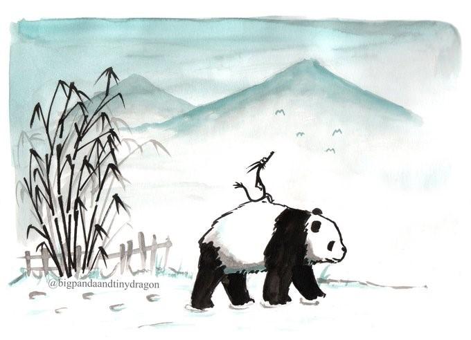 The company - detail from James Norbury's book Big Panda and Tiny Dragon (2021) - used in this article with permission from Norbury's agents (https://www.instagram.com/bigpandaandtinydragon/). A tiny dragon sits on the back of a panda. Behind them are bamboo plants, a flock of birds, and in the distance mountains. This image includes an Instagram watermark: @bigpandaandtinydragon