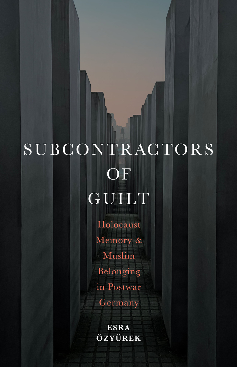 Subcontractors of guilt - cover design (Stanford University Press, 2022) A landscape formed of tall dark stone-like columns, overshadowing the viewer