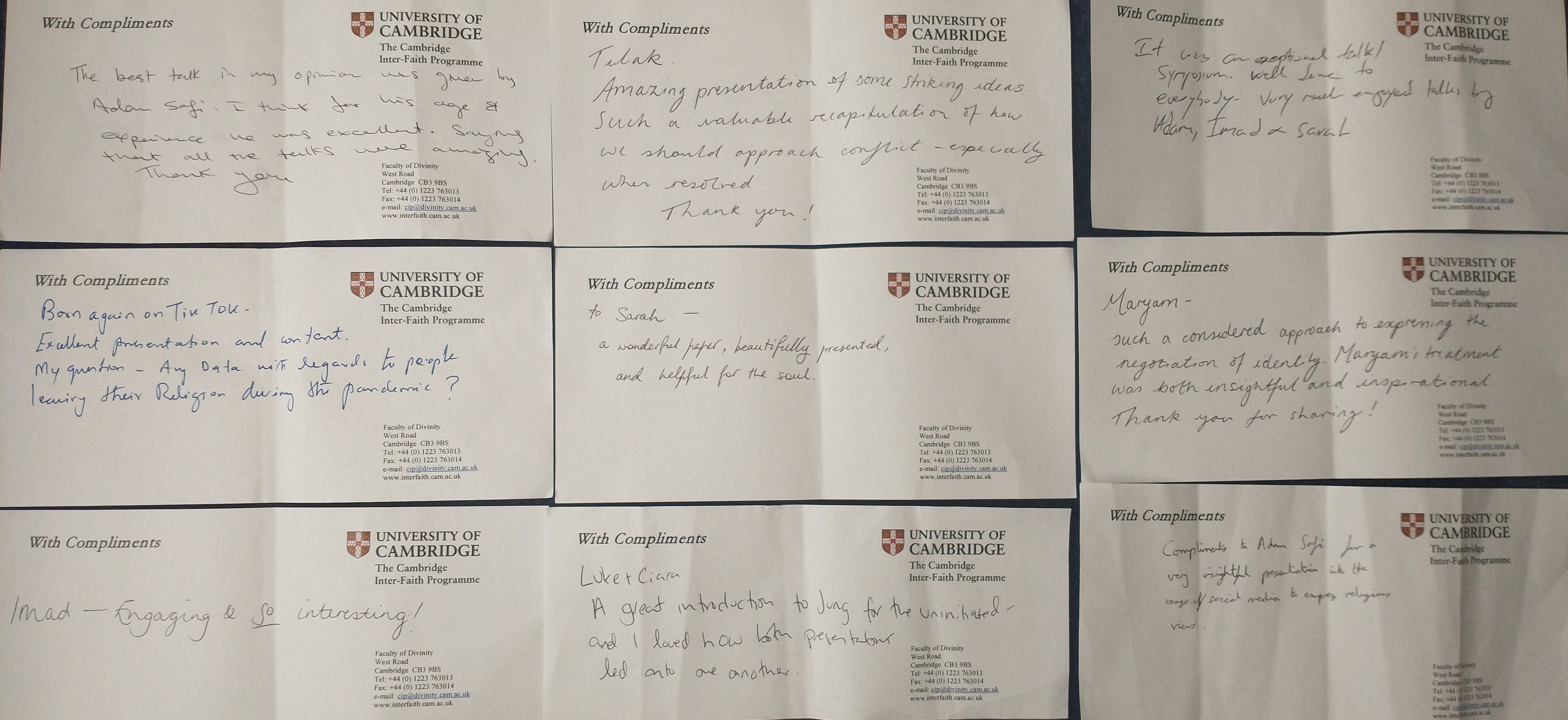 9 CIP compliment slips with handwritten messages including "all the talks were amazing", "striking ideas, a valuable recapitulation", "exceptional", "excellent", "wonderful, beautifully presented", "considered, insightful and inspirational"