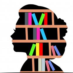 A silhouette of a head, within which are pictured shelves of brightly-coloured books