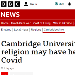Screenshot of BBC News website with headline "Cambridge University studies claim religion may have helped during Covid"