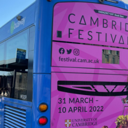 Festival advertisement on the back of a Cambridge bus