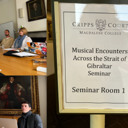Composite photograph showing workshop participants seated around a central table, imposing painted portraits behind them - and inset of a notice on the venue door with event title