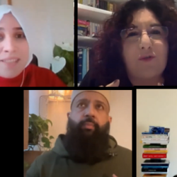 An array of portraits showing Yomna (in white headscarf and red jumper), Jo-Ann (dark curly hair, bookshelves behind), Anastasia (hair pinned back, white shirt collar), Adel (dark beard and green jumper), and Leslie (black top, light brown hair, glasses)