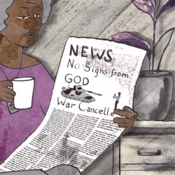 Illustration of woman holding a newspaper with headline 'war cancelled'