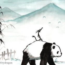 A tiny dragon sits on the back of a panda. Behind them are bamboo plants, a flock of birds, and in the distance mountains. This image includes an Instagram watermark: @bigpandaandtinydragon