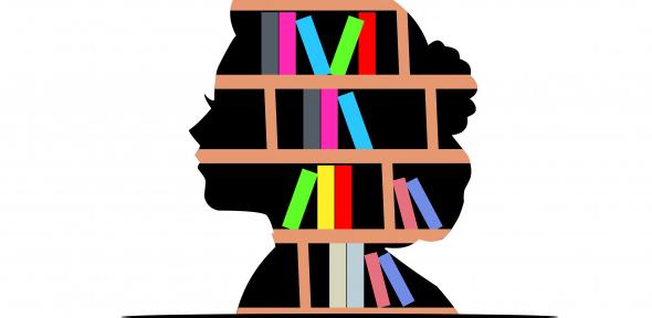 A silhouette of a head, within which are pictured shelves of brightly-coloured books