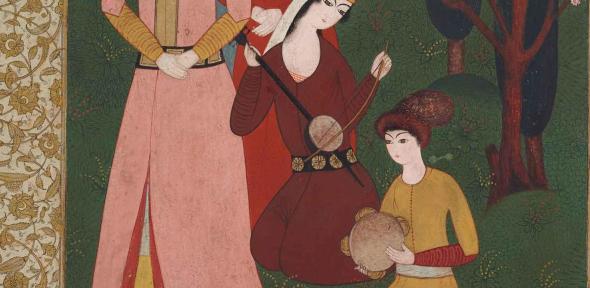 Three women stand next to the musicians, dressed in peach- and crimson-coloured robes. A fourth kneels to play the ektar, a one-stringed lute. A young boy sits to the left of the lute player and taps his tambourine to the music.