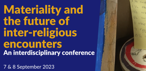 Event banner for 7 & September 2023 - Materiality conference - featuring sticky note with handwritten bread recipe, glittery money box, and silver candle holder/