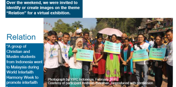 A page from the yearbook. Text explains that students were asked to identify or create images responding to the theme 'relations'. Below the explanation, there is a photograph of young adults holding signs at a World Interfaith Harmony event in Malaysia.