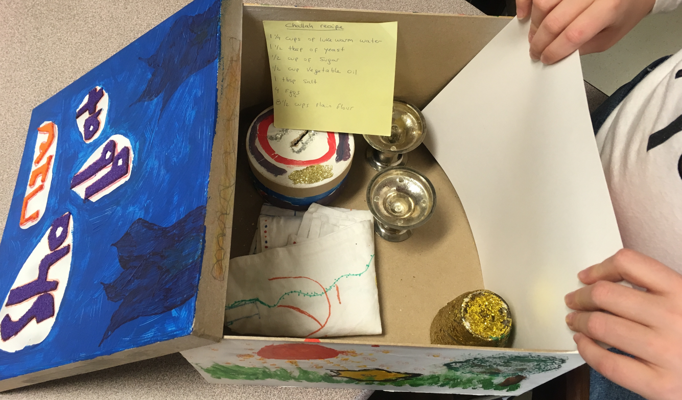 A box of objects primed to assist a young storyteller - a recipe for challah is visible