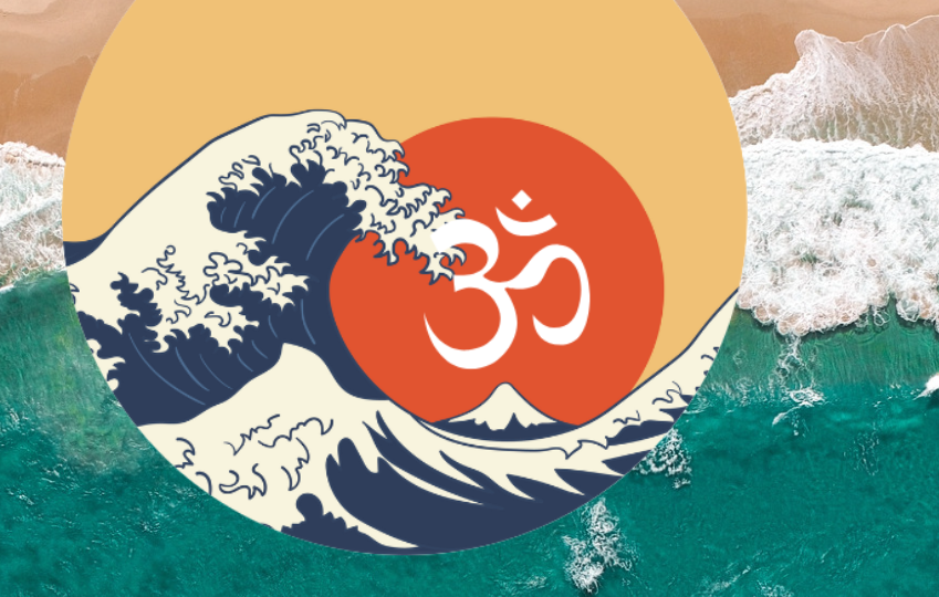 Graphic representation of sun rise at sea, an Om symbol appearing in front of the sun. In the background an ocean photo. Waves crashing, the two seascapes merge together.
